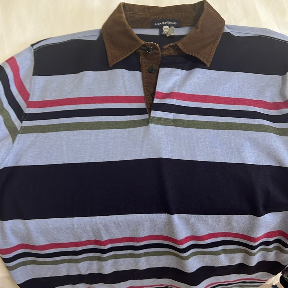 Lands’ End corduroy collar striped rugby polo Size M